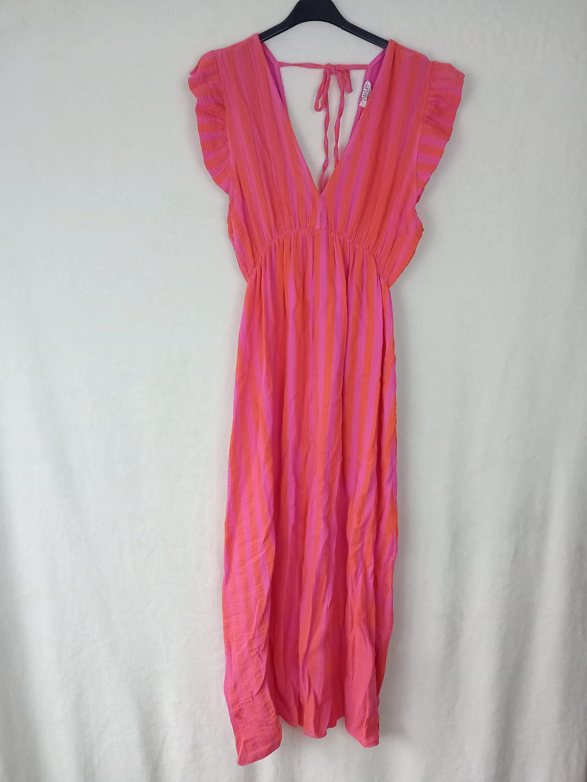 Kurzarm Musselinkleid- Big Stripes- Rosa/Rot