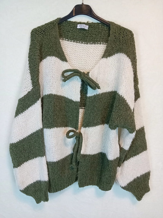 Strickjacke- Wide Stripes- Khaki/ Weiß